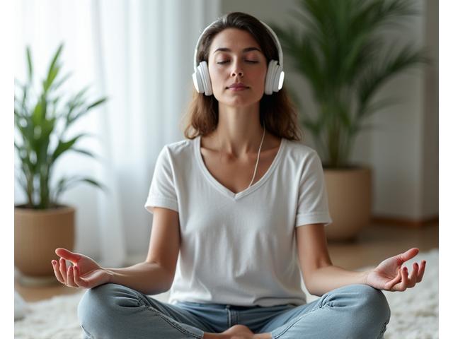 Persona meditando pacíficamente con auriculares, simbolizando apps de bienestar mental